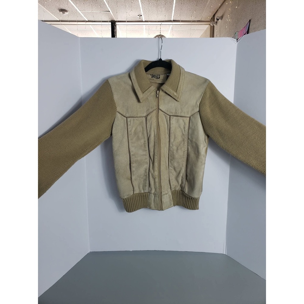 Vintage Stained Glass Genuine Leather Knit Bomber Jacket Women's Small